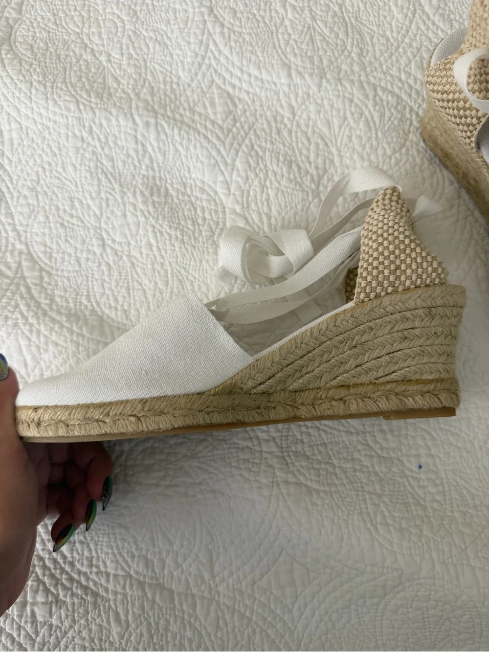 White Espadrille Wedge Tie-Back Sandals